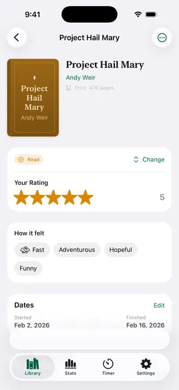 A book detail screen with a five-star rating, reading dates, and a logged session.