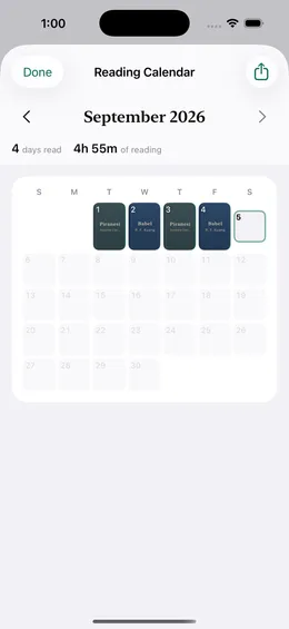The reading calendar: a month grid with book covers on the days that were read.