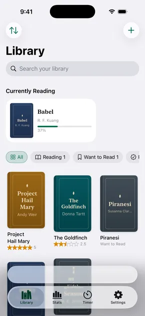 A reading log on iPhone: a shelf of books with half-star ratings and reading dates.