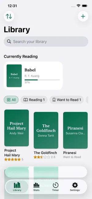 The Endleaf library on iPhone: a shelf of books with half-star ratings and a currently-reading card.